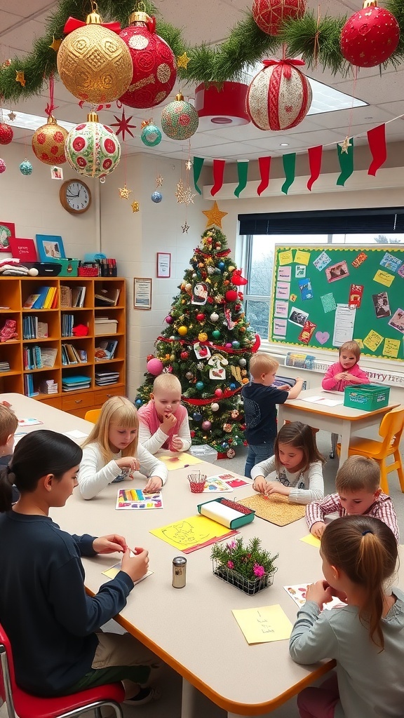 Creative Christmas Ideas for the Classroom A festive classroom decorated for Christmas with students making crafts and enjoying holiday activities.
